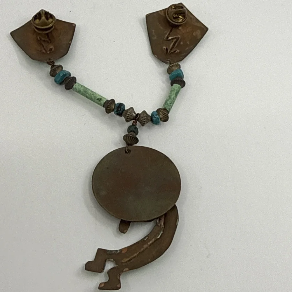 Vtg Native American Kokopelli‎ Brooch Pin Pendant Turquoise Copper? 5